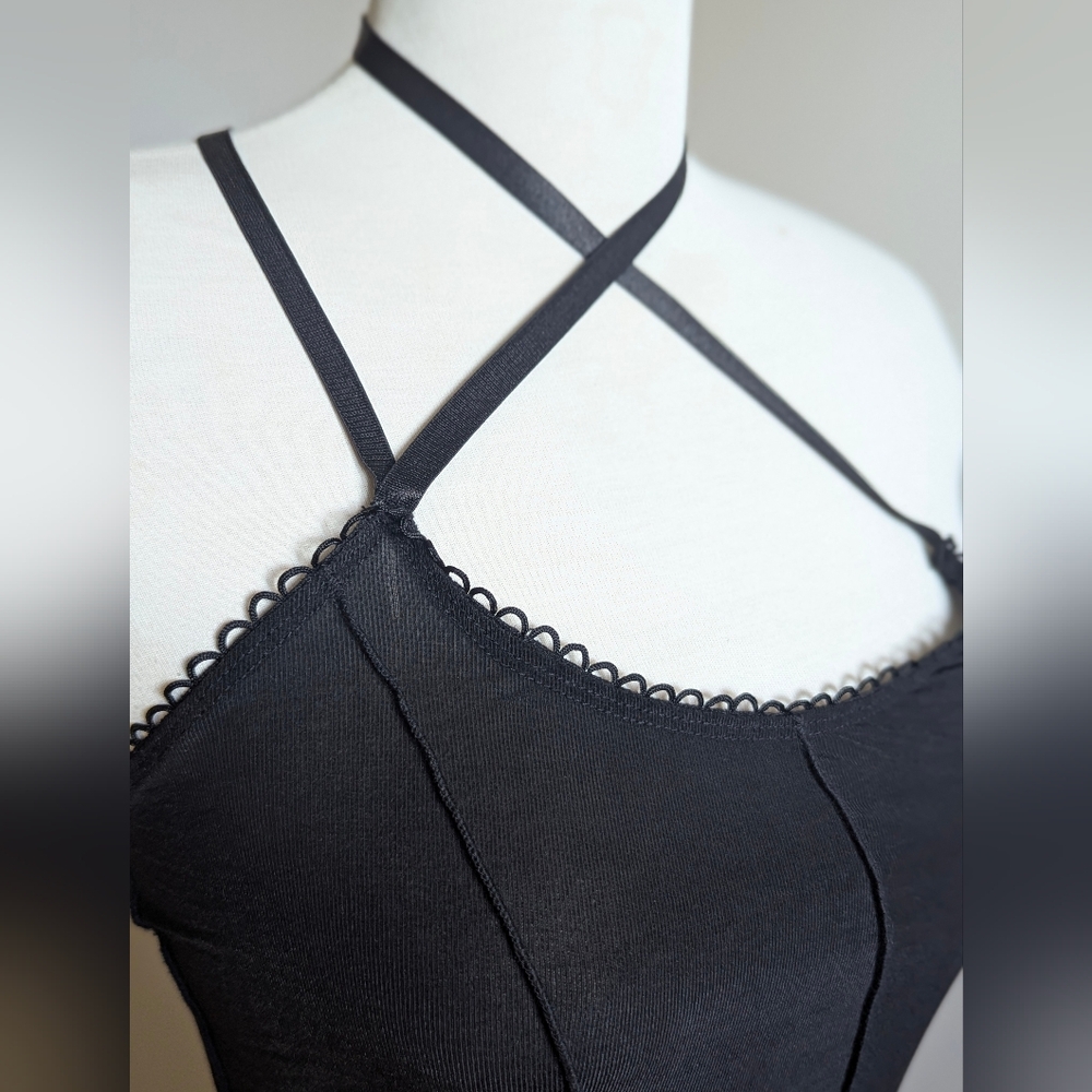 Y2K Black Halter Neck Midi Dress Strap 2000s Bodycon Party Cocktail Raw Edge - Picture 8 of 15